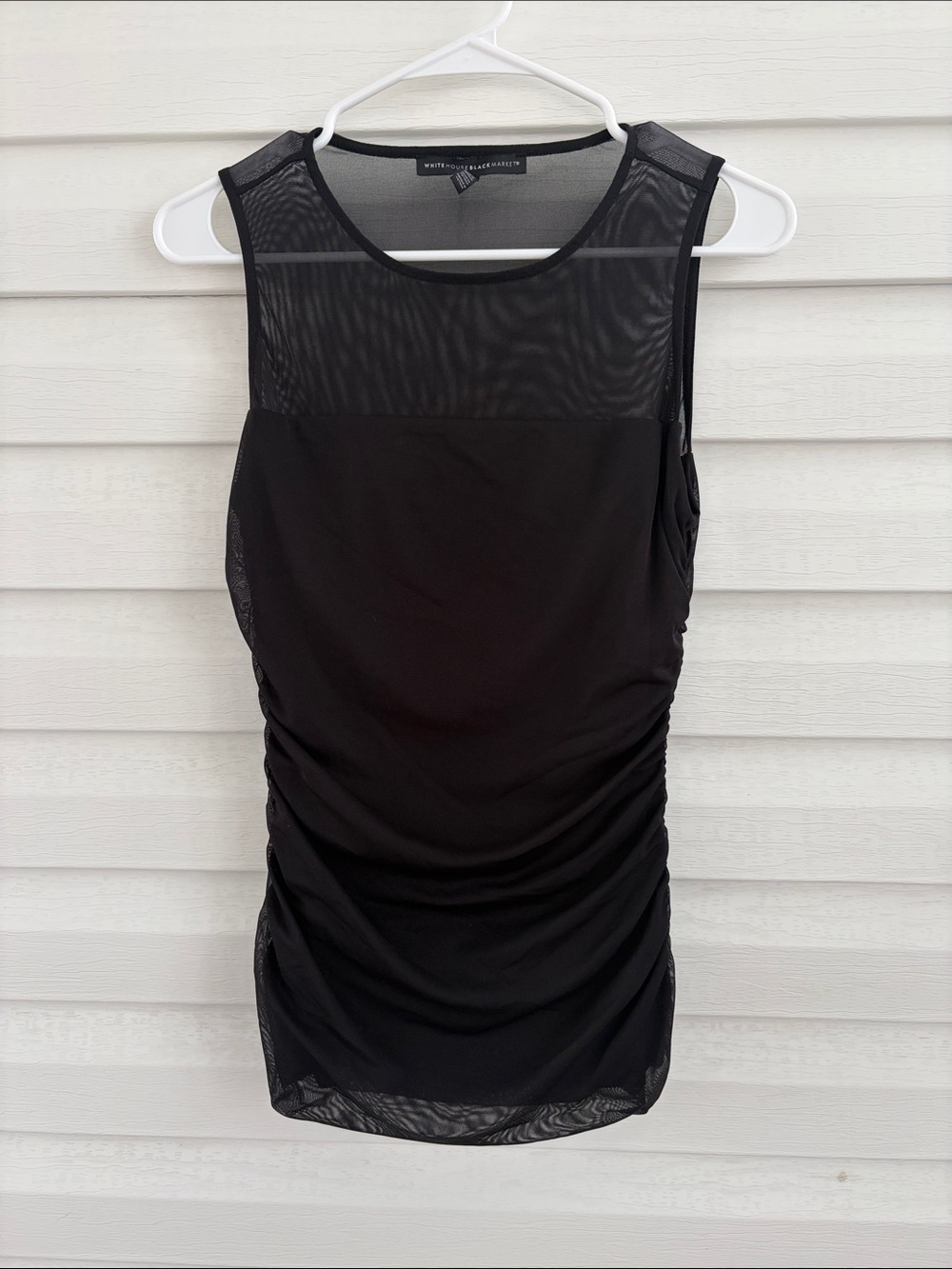 White House Black Market S Black Ruched Mesh Sleeveless Top Sheer Yoke